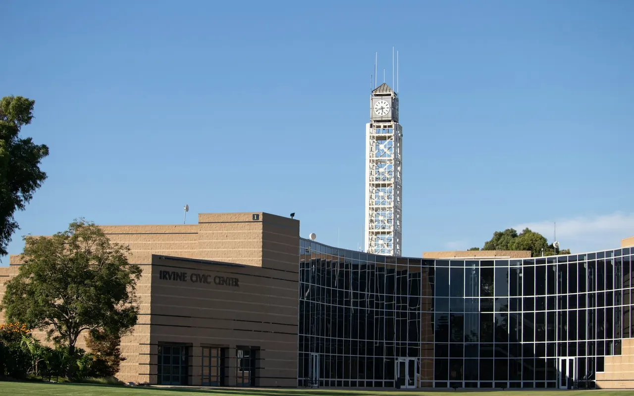 Clock tower at Irvine Civic Center Plaza