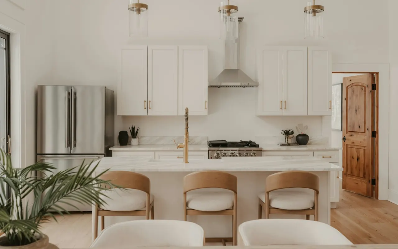 White kitchen with a central island, natural light and stainless steel appliances