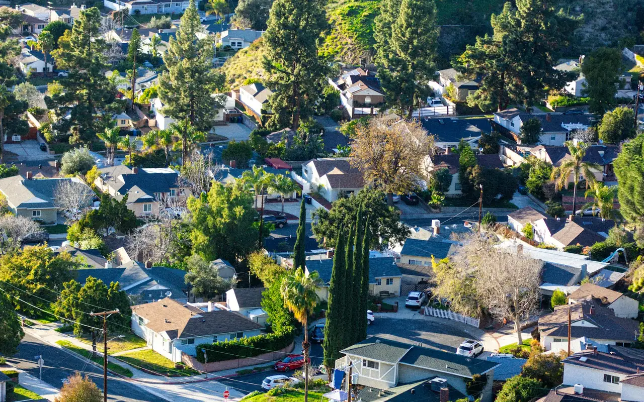 Aerial view of a California residential neighborhood