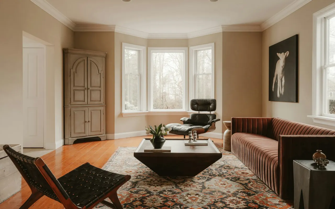 Modern living room with a sofa, area rug and large windows